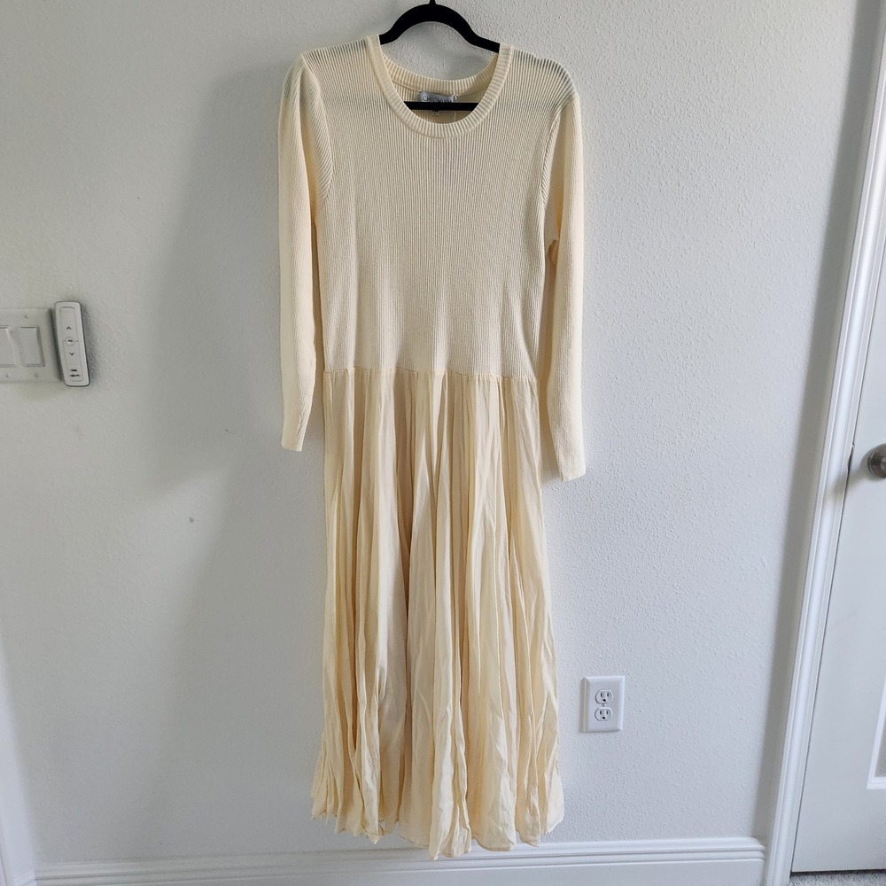 NWT Cream Ribbed Knit Pleated Chiffon Maxi Dress Long Sleeve Size L